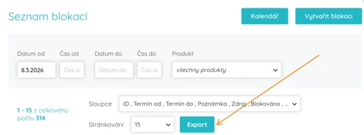Seznam blokací s exportem