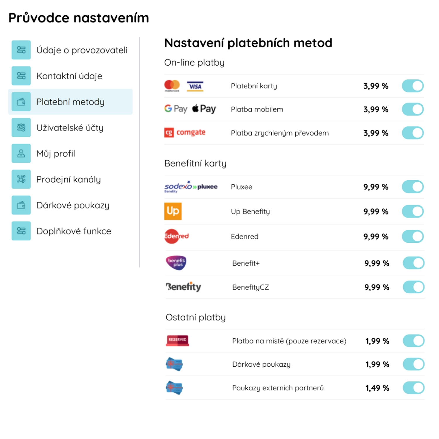 Screenshot systému plateb a dokladů Booqito