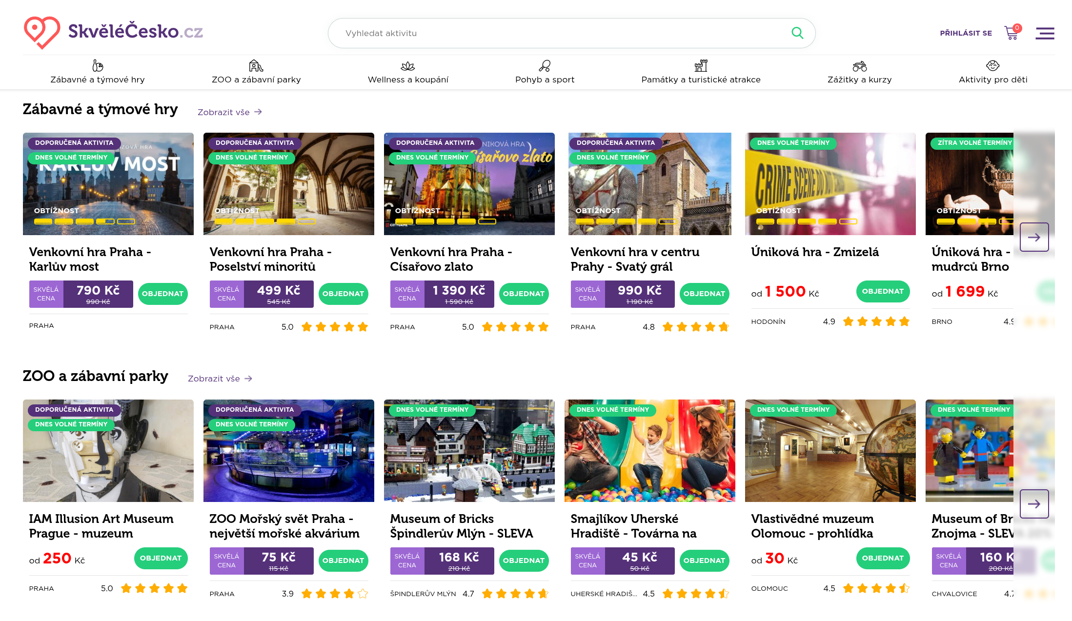 Screenshot hlavní stránky SkvěléČesko.cz s nabídkou volnočasových aktivit